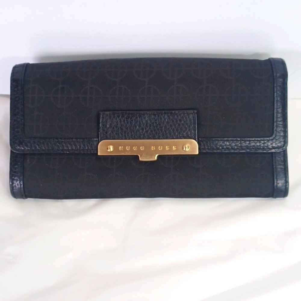 Hugo Boss Ladies Black and Gold Trifold Wallet